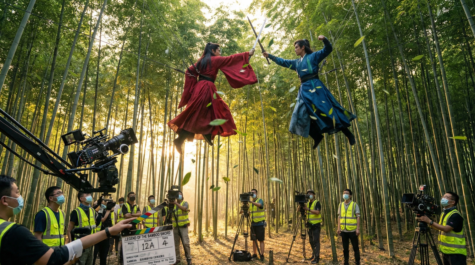 丝瓜视频武侠动作片竹林对决拍摄现场